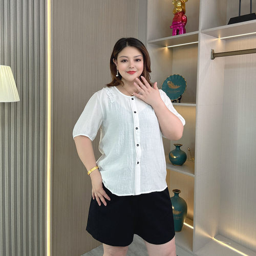 大码胖mm夏季显瘦短袖衬衫上衣