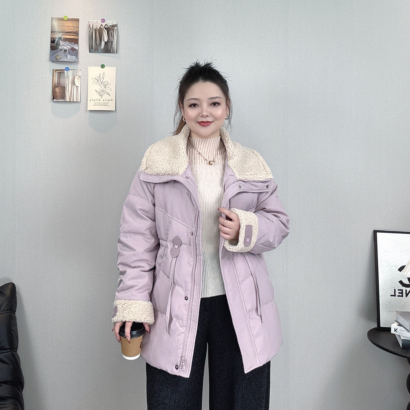 大码羊羔毛翻领白鸭绒羽绒服女2026冬装新款宽松显瘦收腰保暖外套