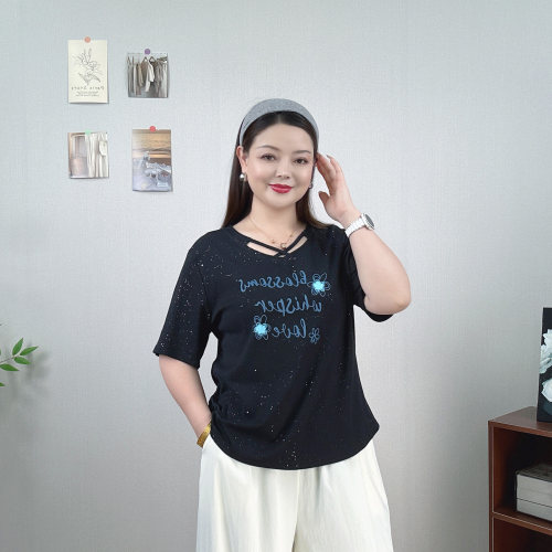 大码亮片字母印花镂空短袖T恤女