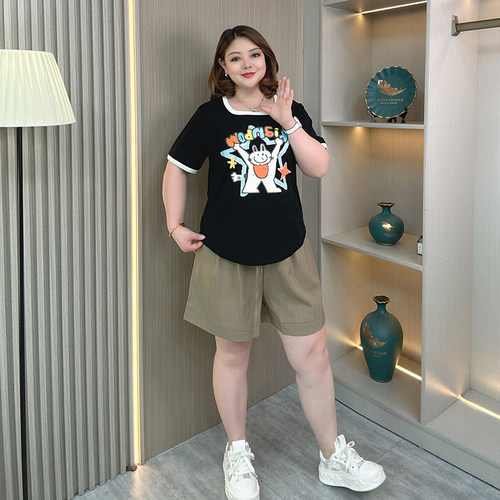 正肩纯棉t恤大码女装短袖法式夏