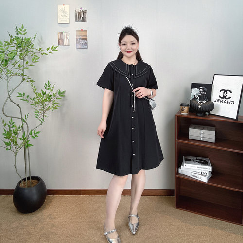 大码女装双层领明线短袖连衣裙子