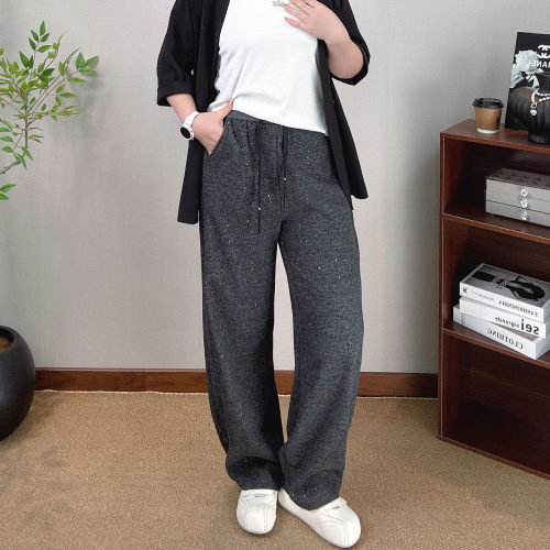 大码春装松紧高腰阔腿裤女直筒裤