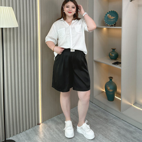 夏季薄款大码女装松紧腰阔腿短裤