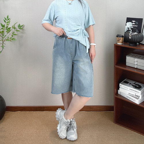 松紧腰毛边牛仔阔腿短裤女五分裤