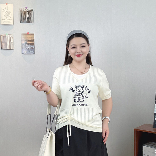 大码假两件小狗提花针织衫女上衣