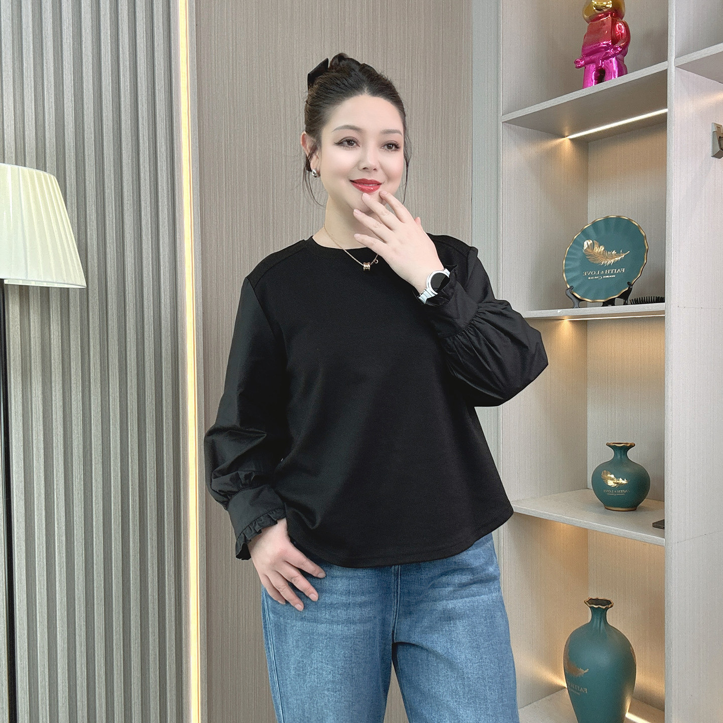 大码胖mm长袖T恤女士春秋新款小众独特别致洋气百搭圆领法式上衣,女装/女士精品,大码内搭,淘宝优惠券,粉丝福利购,淘宝优惠卷