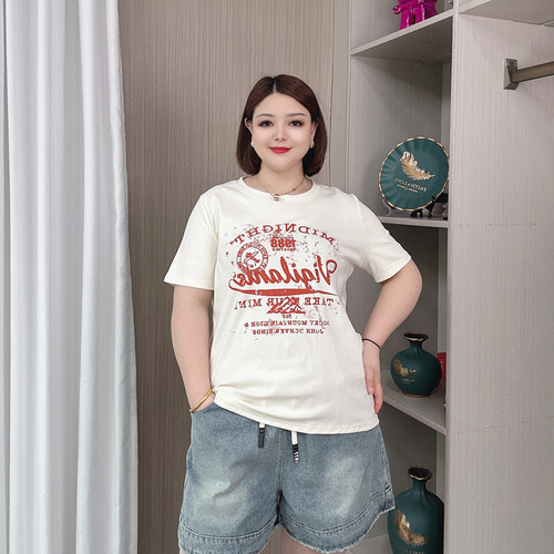 美式复古短袖印花正肩T恤女夏季