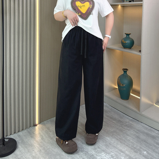 胖mm高腰阔腿工装 宽松显瘦休闲九分哈伦裤 直筒裤 新品 子 女春季 大码