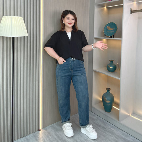 大码女装夏季薄款弹力哈伦牛仔裤