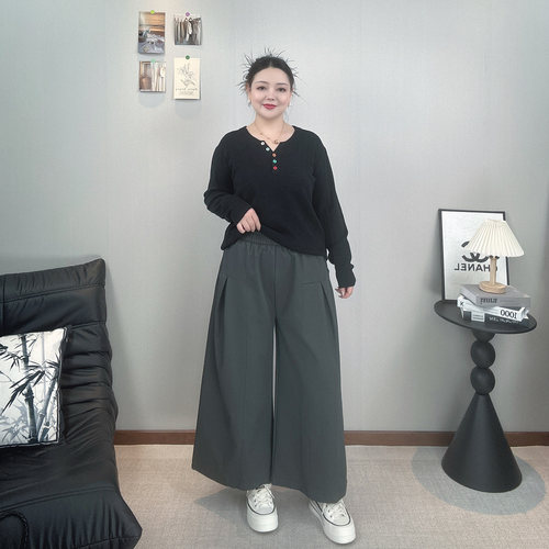 松紧高腰九分阔腿裤女秋新款大码