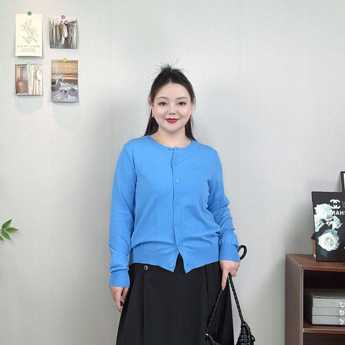 大码圆领毛衣针织衫女开衫薄外套