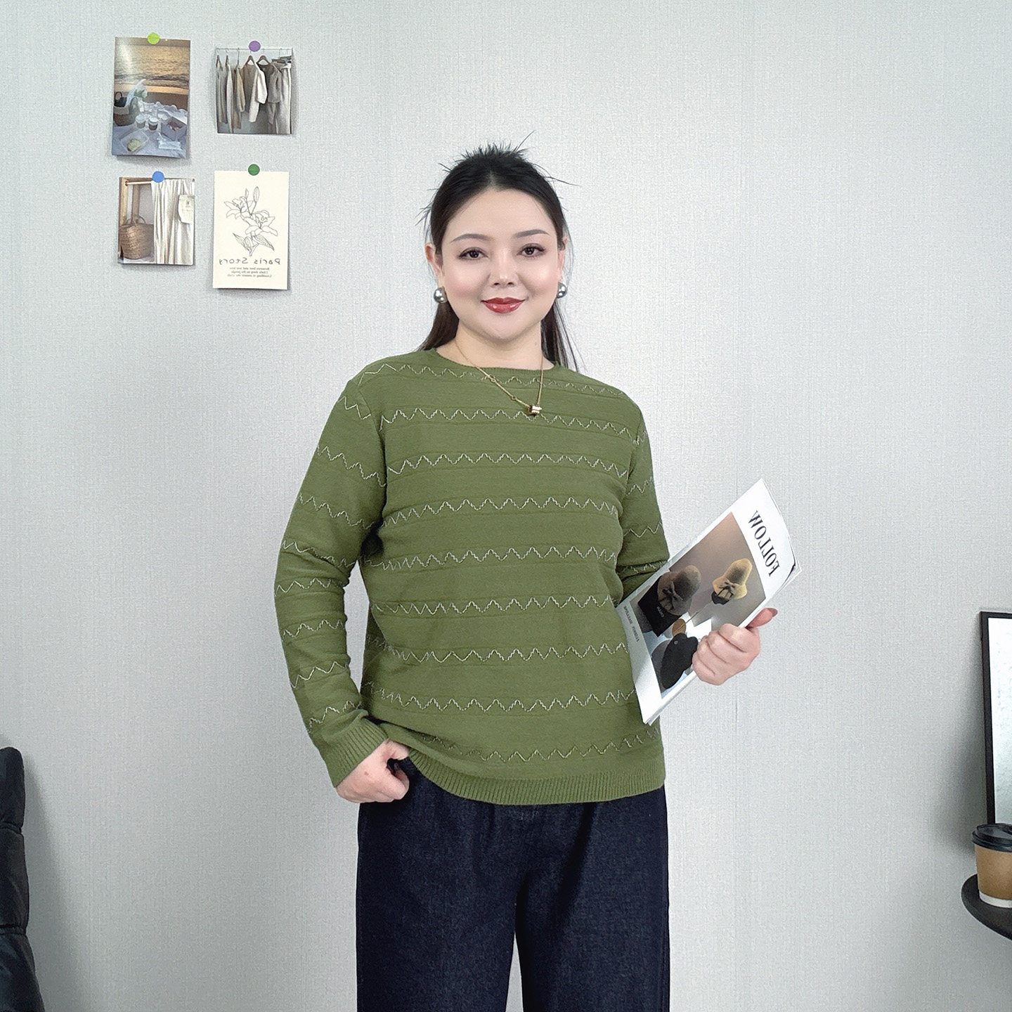 慵懒风波浪纹柔软长袖套头针织衫女大码韩版圆领宽松显瘦百搭毛衣