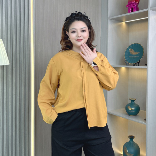 大码胖mm春秋宽松圆领长袖衬衫女
