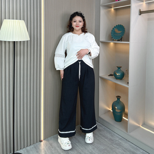 大码 宽松显瘦九分裤 子女直筒休闲长裤 胖mm显瘦早秋蕾丝花边阔腿裤