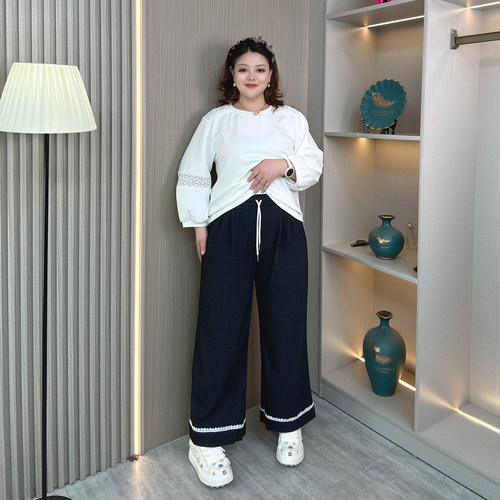 大码胖mm春秋蕾丝花边直筒阔腿裤