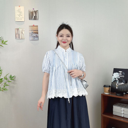 大码条纹花边衬衫女短袖法式上衣
