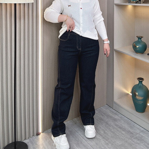春季大码高腰弹力直筒牛仔裤子女