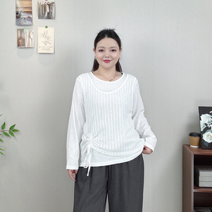 大码设计感假两件长袖T恤女装下摆抽绳网眼拼接宽松显瘦休闲上衣