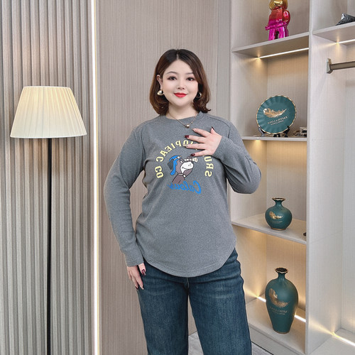 大码女装双面德绒卡通印花打底衫