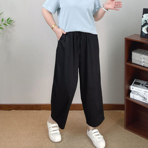 薄款高腰阔腿裤女大码胖MM夏季宽松显瘦百搭九分裤系带直筒休闲裤
