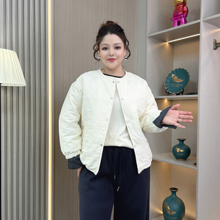 上衣 宽松夹棉百搭短款 圆领轻薄菱格纹棉服外套女大码 胖mm秋冬新款