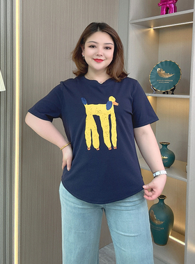 藏蓝色圆领短袖印花T恤女2026年夏季新款大码胖妹妹宽松显瘦上衣