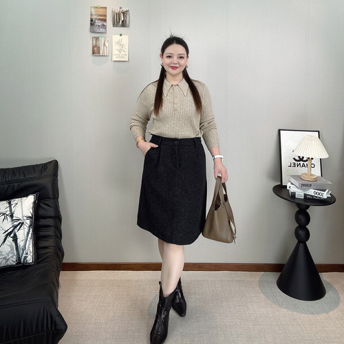 学院风毛呢半身裙女大码花苞中裙