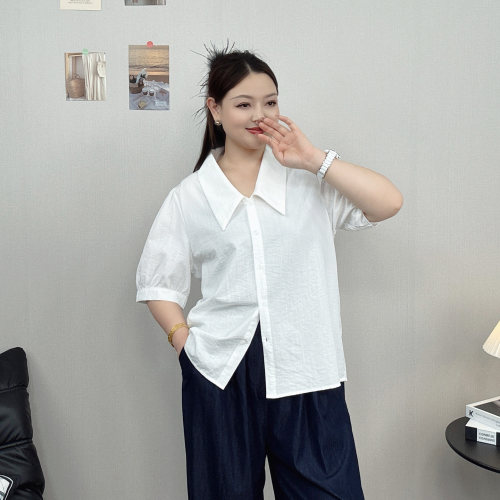大码女装白色短袖衬衫女显瘦上衣