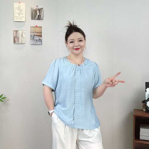 大码女装蓝色花边领短袖衬衫上衣