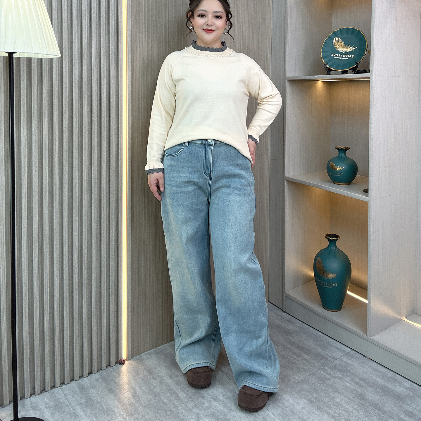 大码女装秋冬加绒加厚显瘦牛仔裤