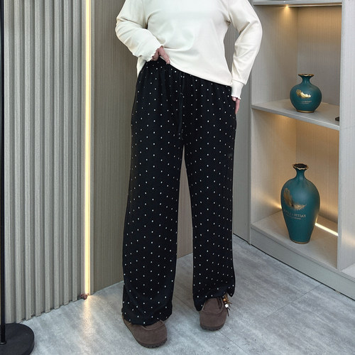 大码胖妹妹春秋撞色波点休闲裤子