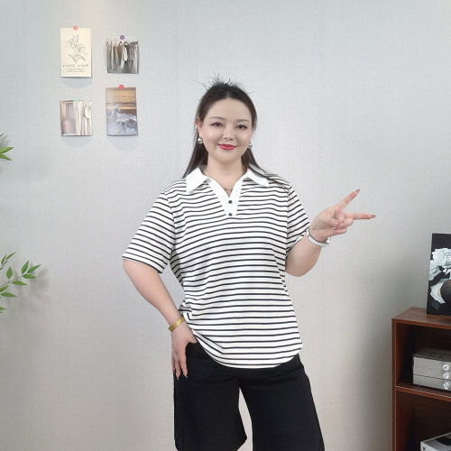 大码条纹polo短袖t恤女休闲上衣