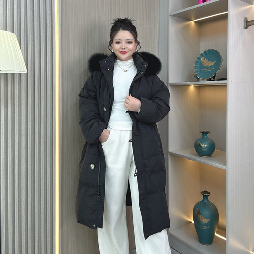 大码女装连帽真毛领白鸭绒羽绒服