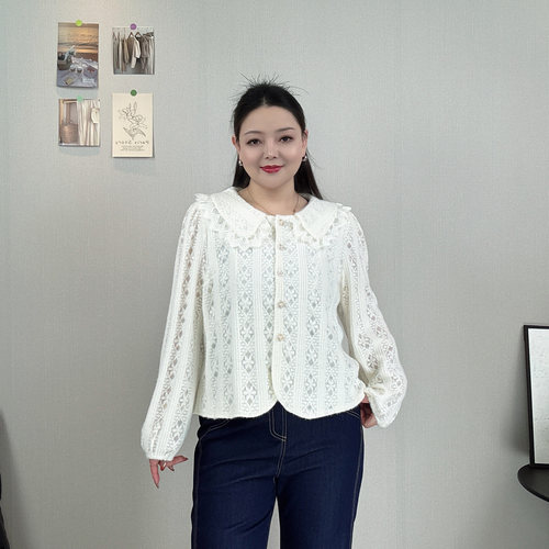 大码女装法式复古娃娃领蕾丝衬衫