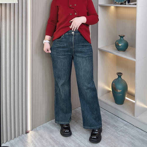 秋冬大码胖mm加绒牛仔裤女阔腿裤