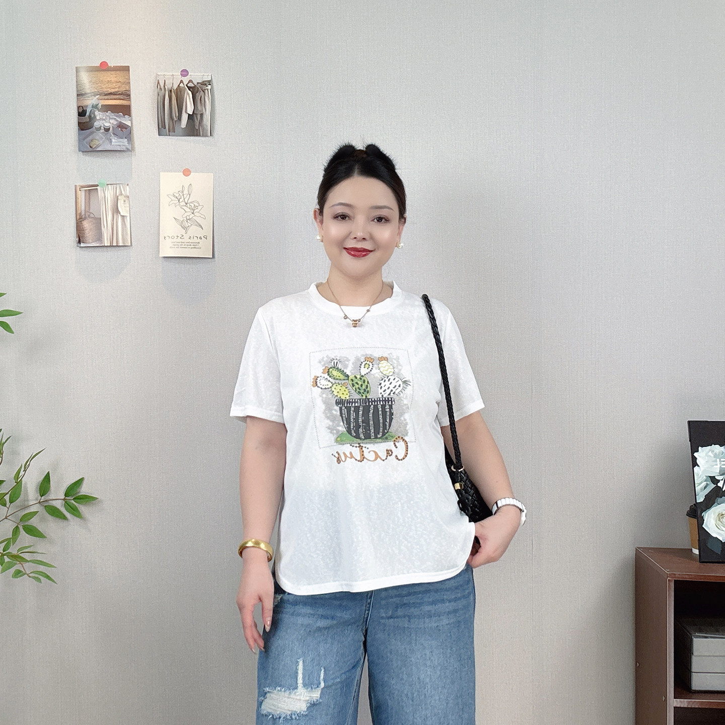 仙人掌印花短袖T恤女2026夏季新款大码宽松显瘦减龄百搭休闲上衣