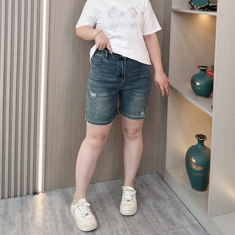 2024夏季大码破洞牛仔短裤女显瘦