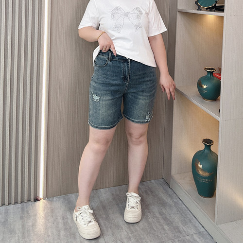 夏季大码胖mm破洞牛仔短裤女显瘦