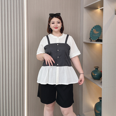 2024夏大码假两件衬衫女显瘦上衣