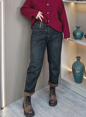 秋冬加绒牛仔裤女新款大码女装胖mm宽松显瘦弹力高腰直筒哈伦裤子