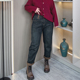 女新款 大码 女装 秋冬加绒牛仔裤 胖mm宽松显瘦弹力高腰直筒哈伦裤 子