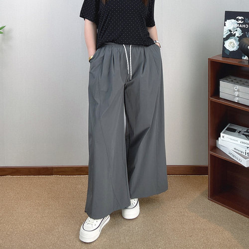 薄款大码阔腿裤女抽绳高腰休闲裤