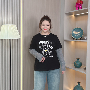 假两件T恤200斤胖mm甜酷时尚 春夏新品 复古长袖 女装 潮宽松上衣 大码