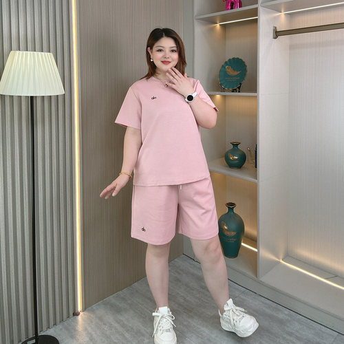 大码女夏装短袖T恤阔腿短裤套装
