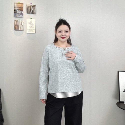 大码女装假两件拼色圆领长袖T恤