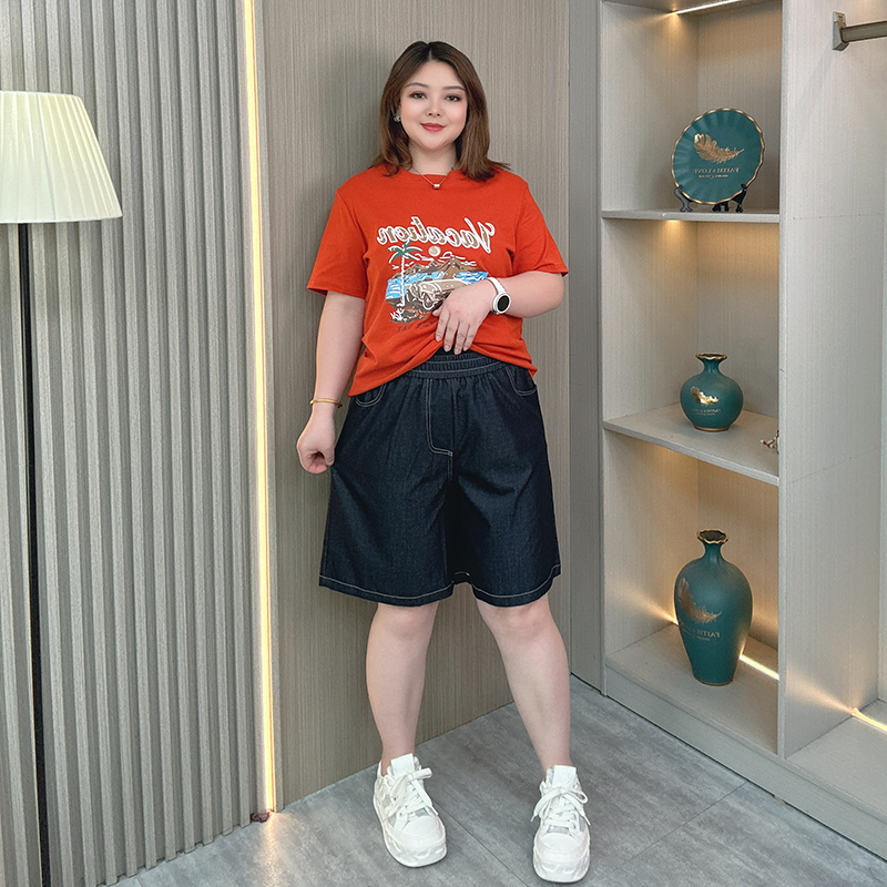 大码女装2025夏季新款胖mm高腰宽松显瘦天丝牛仔短裤五分阔腿裤子