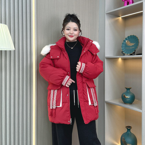 大码胖mm冬季真毛领中长款羽绒服