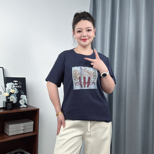 大码印花短袖T恤女圆领正肩上衣