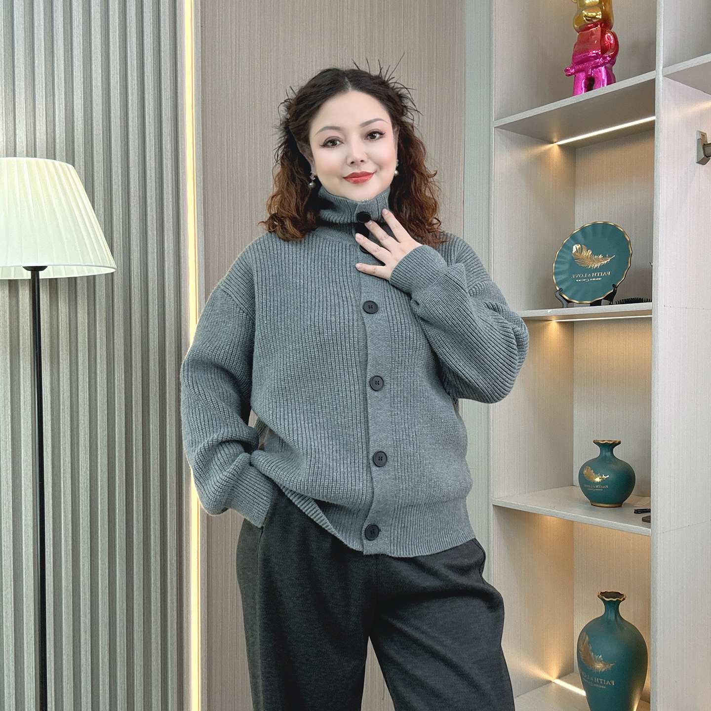 大码女装高领毛衣开衫秋冬外套