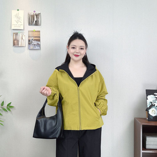 撞色连帽外套女大码休闲夹克上衣